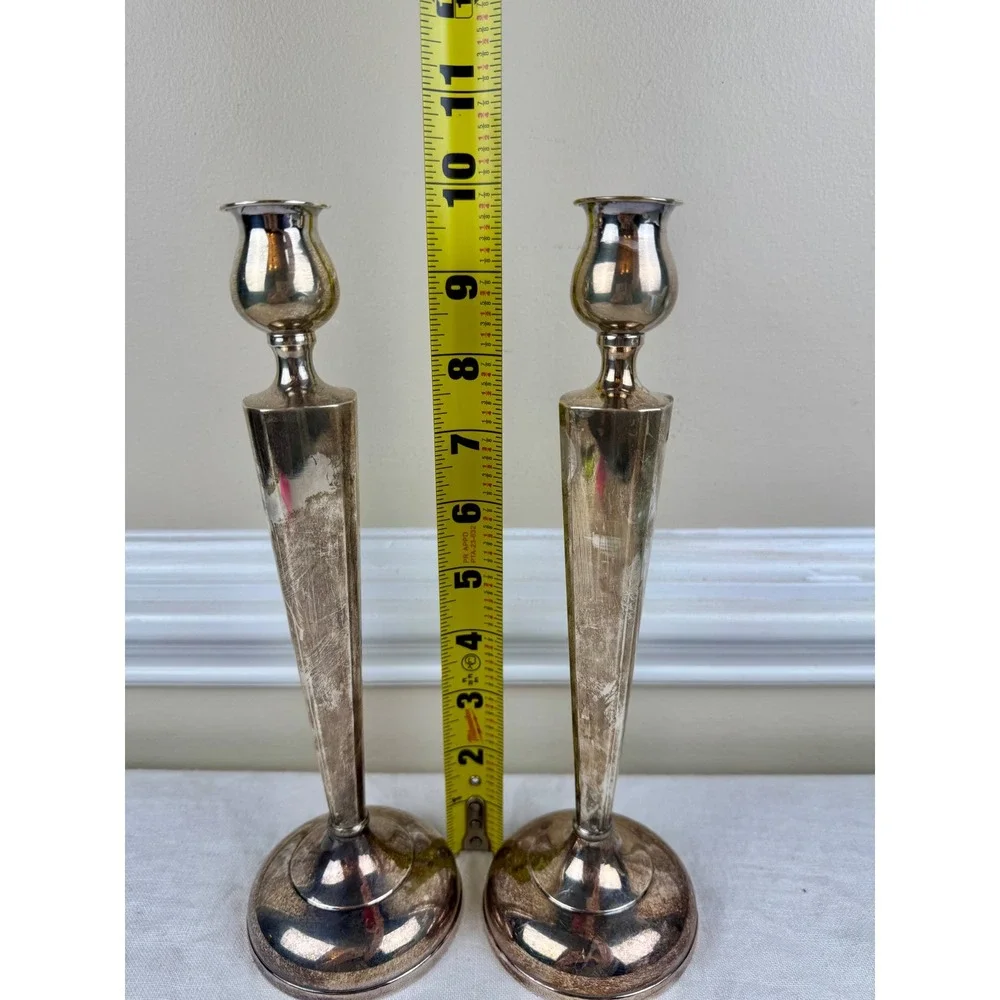 Vintage Sterling Silver Weighted Candlesticks Pair Art Deco Taper 9.5